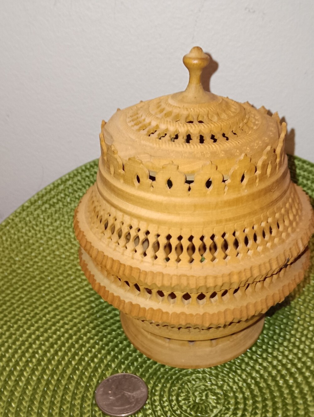 German Hand-Carved Pierced Wood Filigree Lidded Trinket Jar, VTG c. 1970s, - Picture 8 of 8